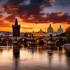Papier Peint photo autocollant Pont Charles Scenic Panoramic View of Charles Bridge and Prague Castle during Sunset