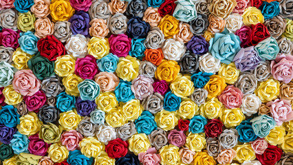 Fototapeta na wymiar Paper flowers handmade craft creative abstraction, Paper rose flowers background, Flowers paper background pattern lovely style. Rose made from paper.