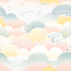 Fototapeta na wymiar Clouds, streams and trees soft pastel seamless pattern, a dreamlike world of delicate beauty and tranquility