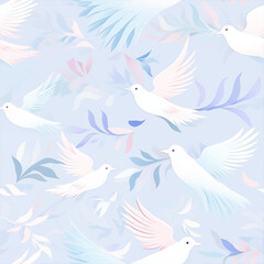 Bird and Floral soft pastel seamless pattern, a dreamlike world of delicate beauty and tranquility