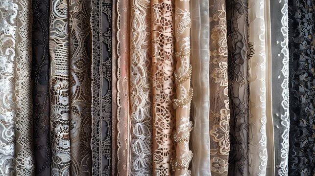 Strips of different types of lace with various patterns in a backdrop image for text or product, Generative AI.