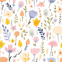 delicate pastel seamless patterns inspired by the blossoming of flowers in the spring season ,flat design, clean white background