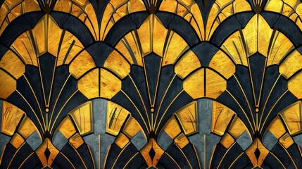 Art deco pattern with gold and black fans. Design for interior, wallpaper, print. Symmetrical composition with no space for text.