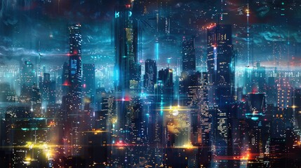 Fototapeta na wymiar Futurist city IOT internet of thing ICT DX digital technology, cyber security power energy sustainable metaverse city. AI generated for ads