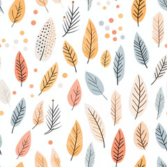 illustration flat design seamless pattern of the magic of the autumnal season with soft pastel patterns reminiscent of falling leaves on clean white background