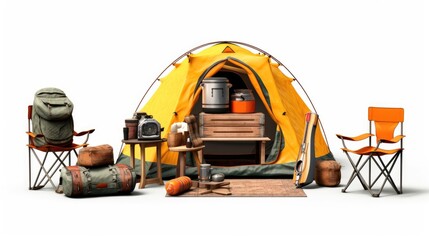 Set of camping equipment isolated on a white background.