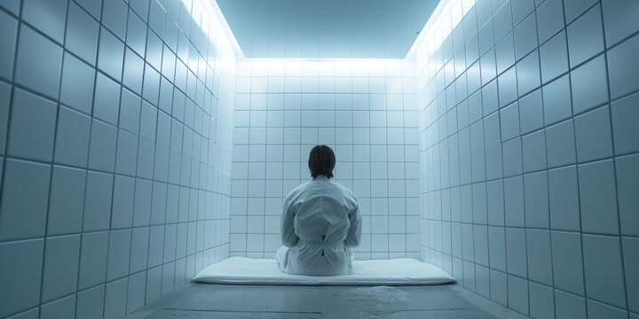 Back of insane patient person on  bed looking on wall in straitjacket in abandoned mental psychiatric hospital with white tile walls. Place for people with mental disorder