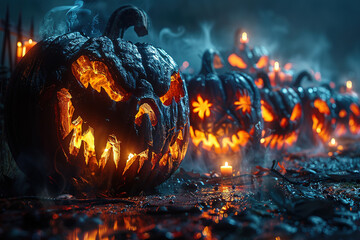 A row of sinister jack-o'-lanterns leering menacingly in the darkness - obrazy, fototapety, plakaty