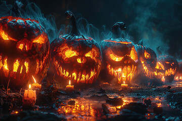 A row of sinister jack-o'-lanterns leering menacingly in the darkness - obrazy, fototapety, plakaty