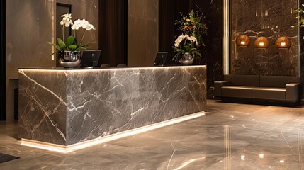 A grand reception desk adorned with polished marble. - obrazy, fototapety, plakaty