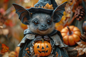 Bat wearing a tiny witch hat holding a miniature jack-o'-lantern in its wings