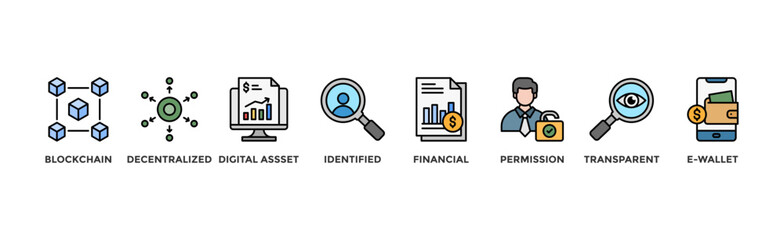 Defi banner web icon illustration concept with icon of blockchain, decentralized, digital assset, identified, financial, permission, transparent and e-wallet	