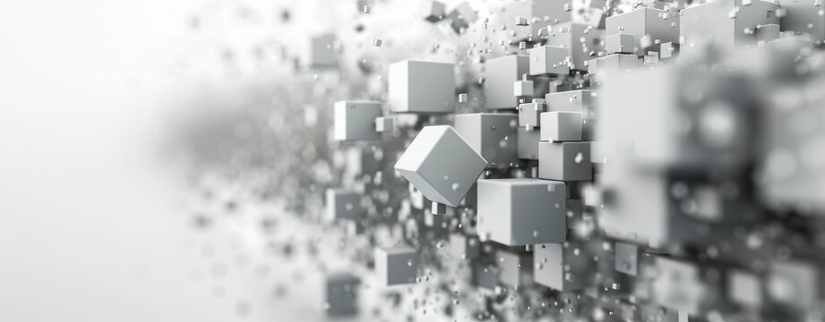 Graphic image presenting floating three-dimensional cubes in a clean, white space, suggesting order and digital space