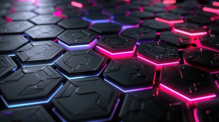 Obraz premium Hi-tech hexagonal pattern with blue purple neon light abstract background. Generative AI