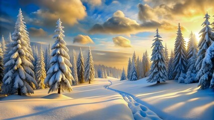 Snow Covered Trees in an Idyllic Winter Scene With a Trampled Snow Path - obrazy, fototapety, plakaty