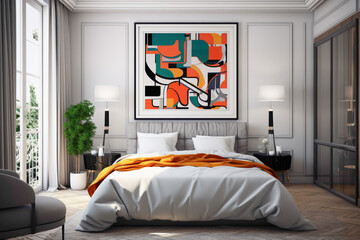 A vibrant bedroom with a single, striking empty frame against a wall adorned with a splash of energetic, abstract patterns.