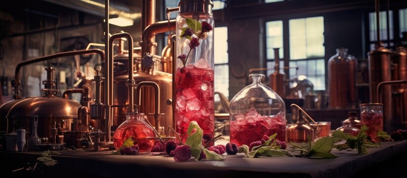 A table is covered with numerous bottles filled with a vibrant liquid, showcasing the process of making Rhubarb Gin.
