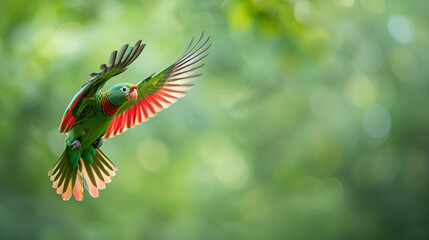Fototapeta premium Flying resplendent quetzal pharomachrus mocinno Costa, generative ai