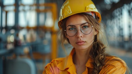 Tired and unhappy woman working in the electricity generation section of a power plant while wearing safety gear against a blurry backdrop, Generative AI.