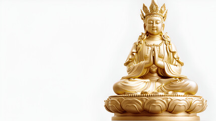 Golden Bouddha with white background copy space, Golden Buddha in Cute Realistic Style, Generative AI