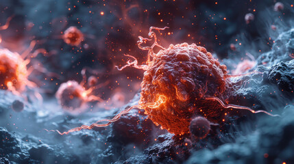 A cinematic portrayal of a cancer cell being encircled and neutralized by nanorobots, illustrating the targeted approach of nanomedicine in oncology - obrazy, fototapety, plakaty