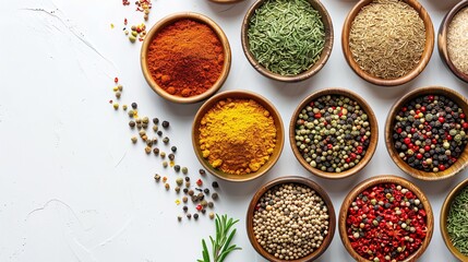 Top view of numerous types of spices presented in tiny wooden bowls against a white background and space for text, Generative AI.