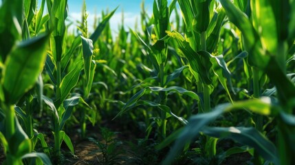 Close up of corn growing on the field in summer.