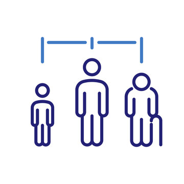 Life stages icon with child, adult, and elderly figures under measuring line, vector thin line illustration for human lifecycle, growth, and aging concept