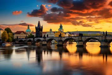 Foto op Plexiglas Karelsbrug Scenic Panoramic View of Charles Bridge and Prague Castle during Sunset
