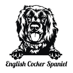 English Cocker Spaniel Dog - Peeking Dog Breed - Pet Dog Vector Portrait, Dog Silhouette Stencil