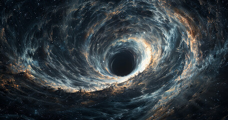 A captivating depiction of a black hole, surrounded by a swirl of cosmic dust and stars, casting an illuminating glow in the vast expanse of space.