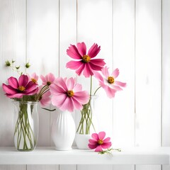 Fresh summer bouquet of pink cosmos flowers in white vase on white wood shelf on white wall background. Floral home decor.
