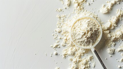Top view of whey protein powder in a measurement white spoon with a big space for text or product, Generative AI.