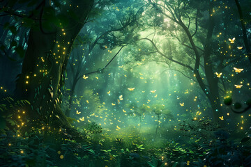 A forest with a lot of green leaves and a lot of fireflies. The fireflies are glowing and creating a magical atmosphere