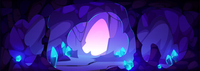 Dark cave with stalagmite, blue gem crystals in rock walls and floor and magic glowing exit and entrance hole. Cartoon vector underground landscape for game level ui design. Fantasy treasure mine. © klyaksun
