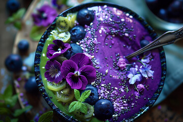 A bowl of purple smoothie with blueberries and mint leaves. The bowl is on a table with flowers in the background
