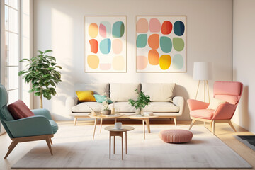 A sunlit, minimalist living room with pastel-colored furniture and vibrant artworks on the walls.