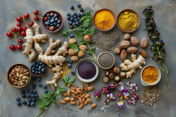 Fototapeta na wymiar A colorful assortment of nuts, seeds, and dried fruits are displayed on a counter. The variety of colors and textures create a vibrant and inviting atmosphere. Concept of abundance and health