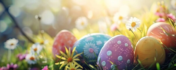 Fototapeta na wymiar Vibrant Easter eggs nestled in spring foliage