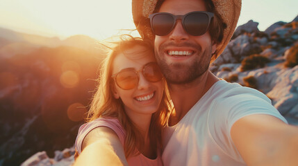 Horizontal shot of loving young couple taking self portrait at the beach. Man and woman on sea shore taking selfie. We love traveling and trekking! Adventure Selfie. Caucasian young. Generative AI.