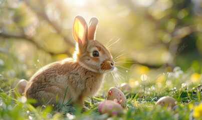 Fototapeta premium Cute rabbit surrounded by Easter eggs in grass