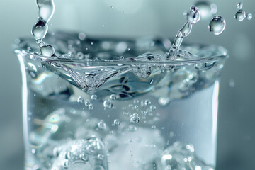 A glass of water is being poured into it, creating a splash of water droplets