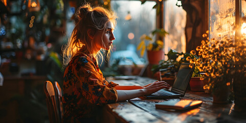 A Pretty Woman Works with Laptop in an Eco-friendly Office Space