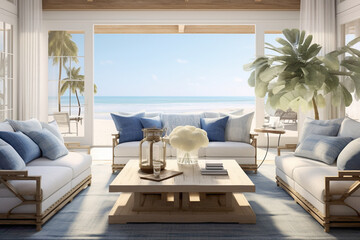 A sunlit living room with ocean-inspired decor, where navy and ivory furnishings merge effortlessly with panoramic views, capturing the essence of a coastal summer retreat