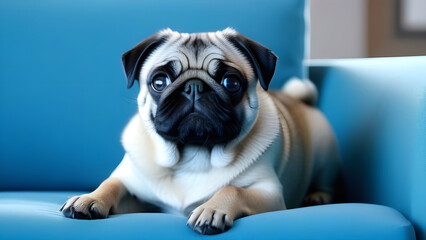 Adorable devoted pug on a blue sofa. The dog waits for people at home calmly