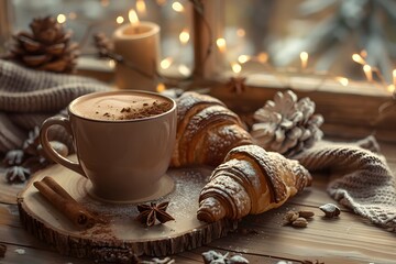 Hot chocolate with cinnamon and a croissant on a wooden table,. Christmas time. 