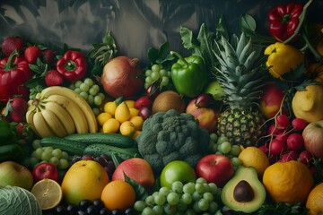 A colorful assortment of fruits and vegetables, including apples, bananas