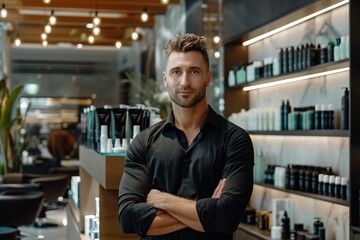 A man stands in front of a barber shop with a confident posture