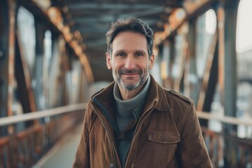 Fototapeta premium A man wearing a brown jacket and a gray scarf is smiling