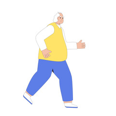 Overweigh elderly man running. Exercises jogging for weight loss and health. Vector illustration